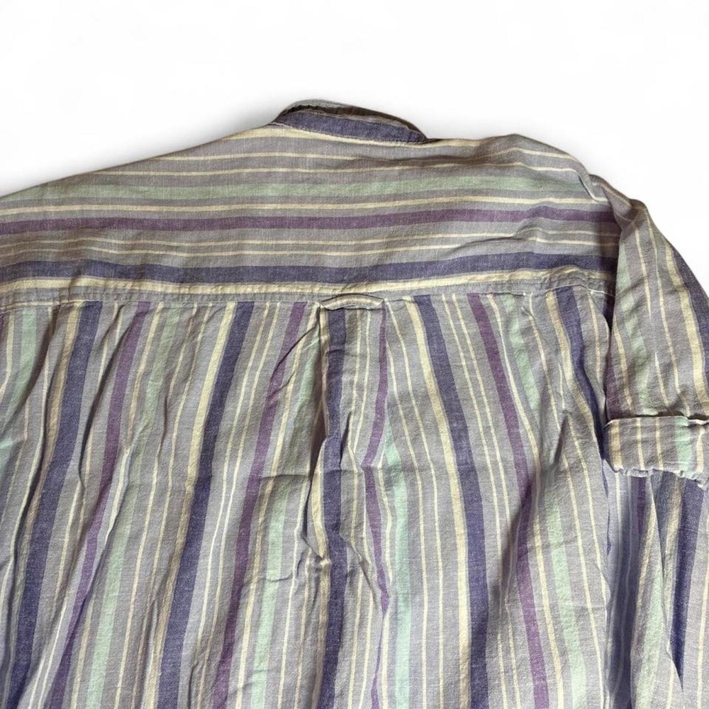 Terra & Sky Women's 3X Linen blend blue and purple striped button up shirt - Picture 2 of 5